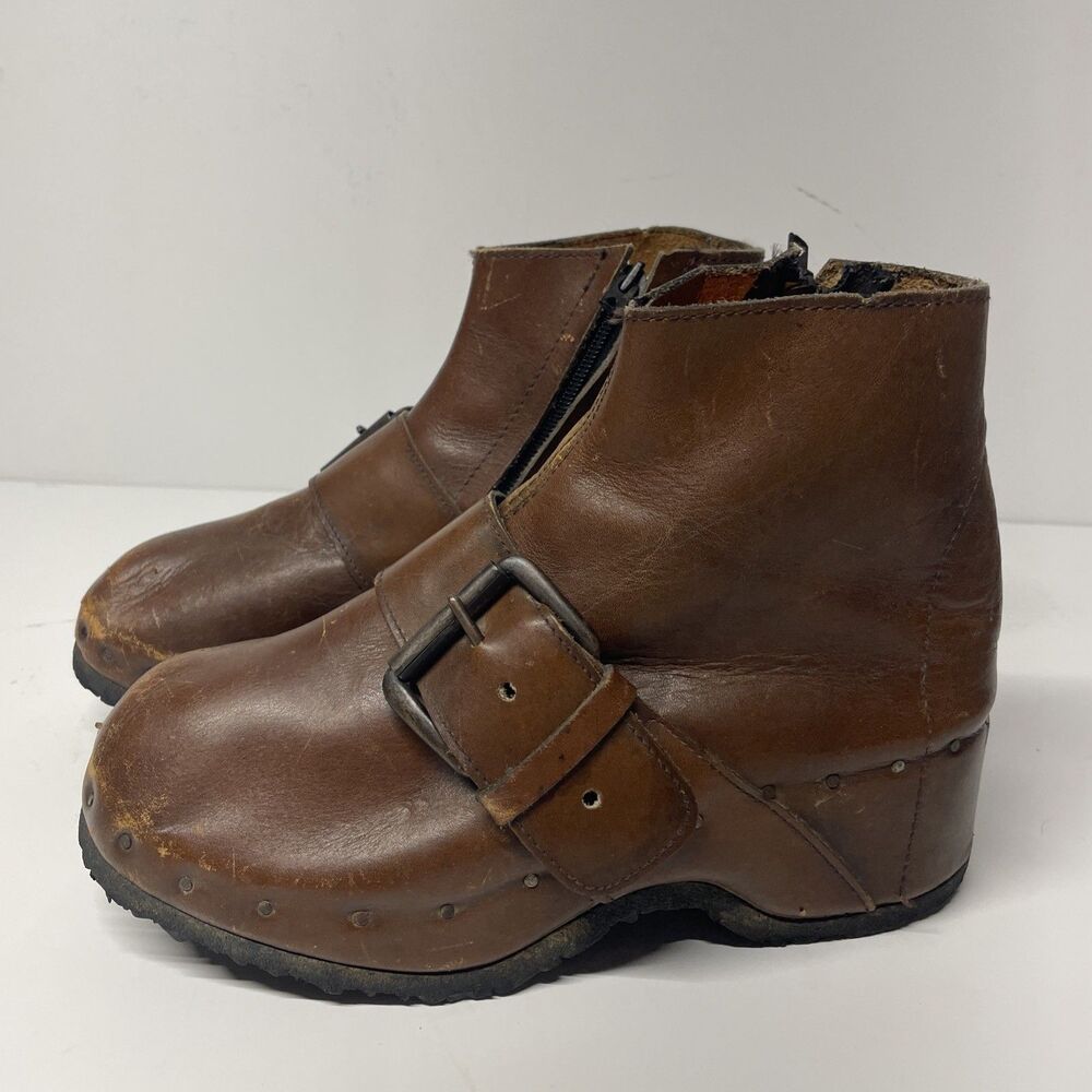 Vintage RARE Brown Leather Wood Platform Clogs Zip Ankle Boots w/ Buckle Italy 8